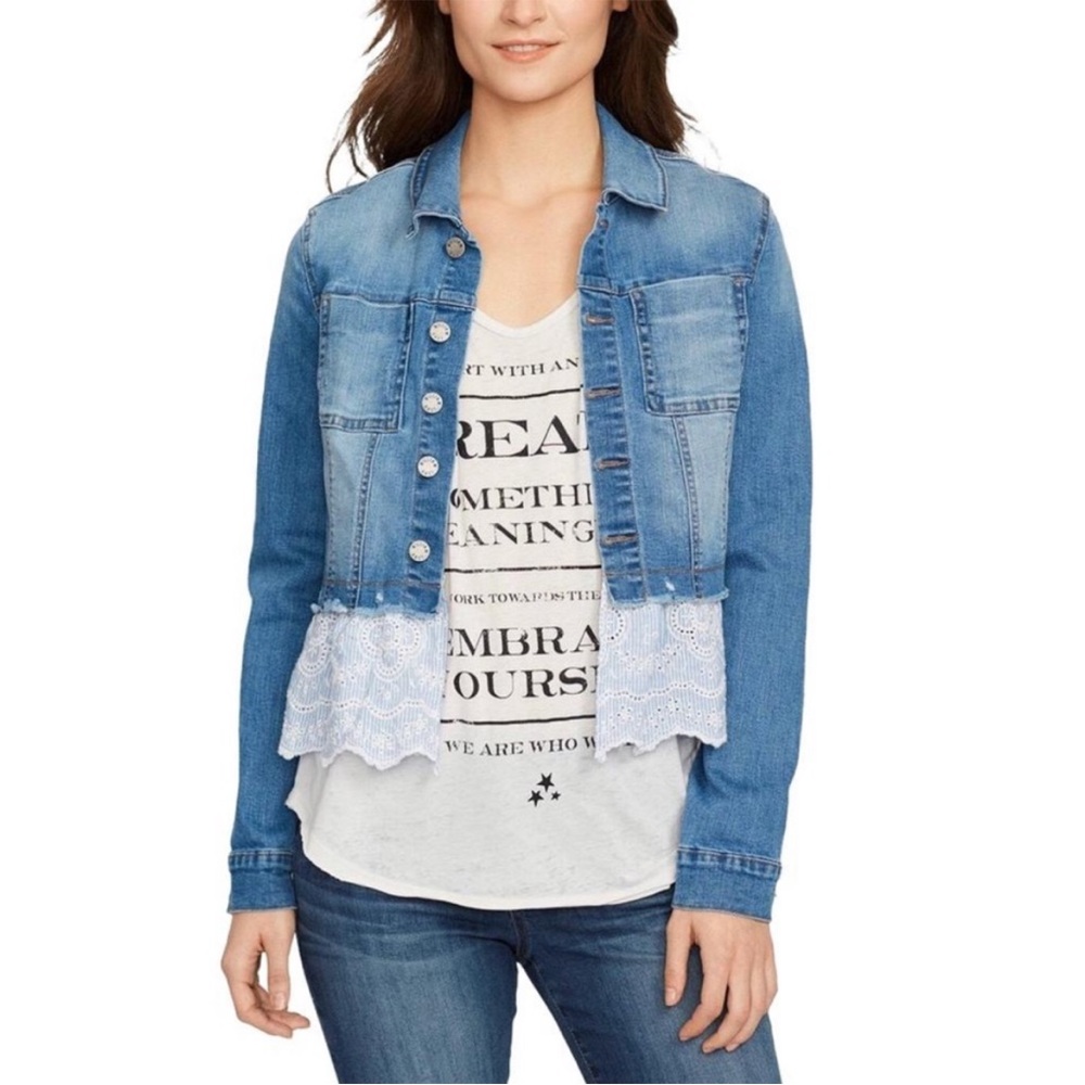William Rast Jean Jacket Distressed Denim Eyelet Lace Trim Lace Up Back Size S